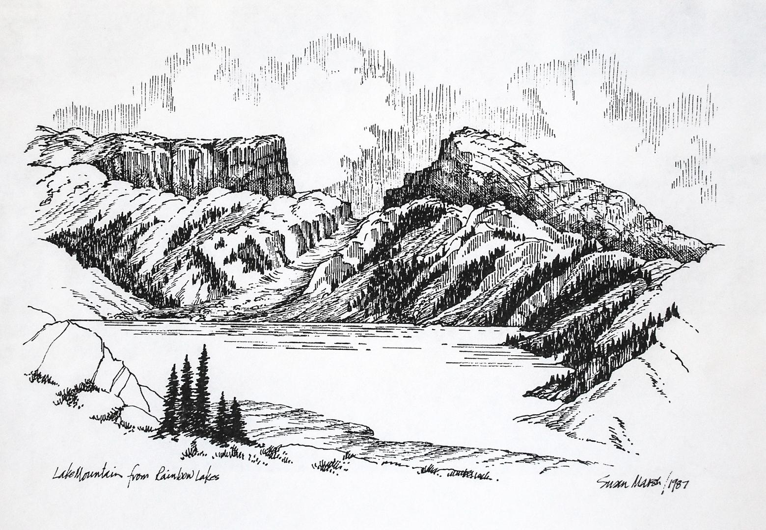"Lake Mountain from Rainbow Lakes." Susan Marsh's sketch from 1987 embodies the bliss she finds in the mountains, a feeling that nature and art can acutely give rise to.