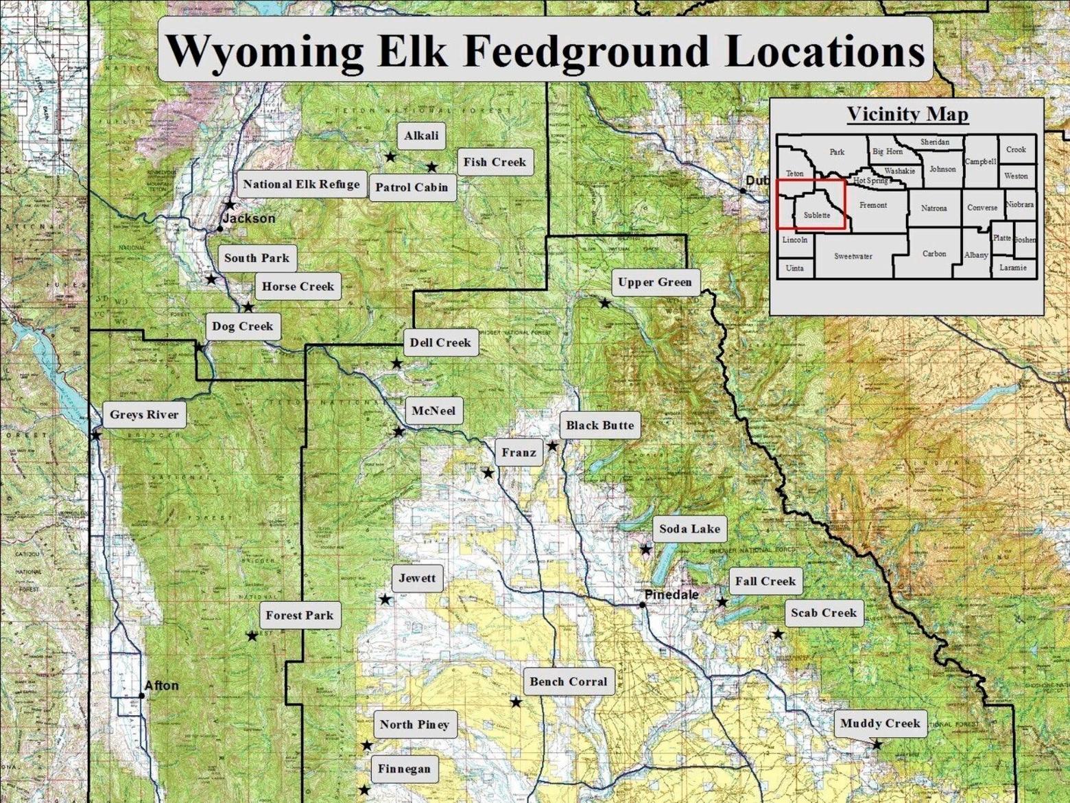 The map above shows the 21 elk feedgrounds that the Wyoming Game and Fish Department currently operates in western Wyoming. The Alkali feedground is slated for decommission this year. Map courtesy Wyoming Game and Fish Department