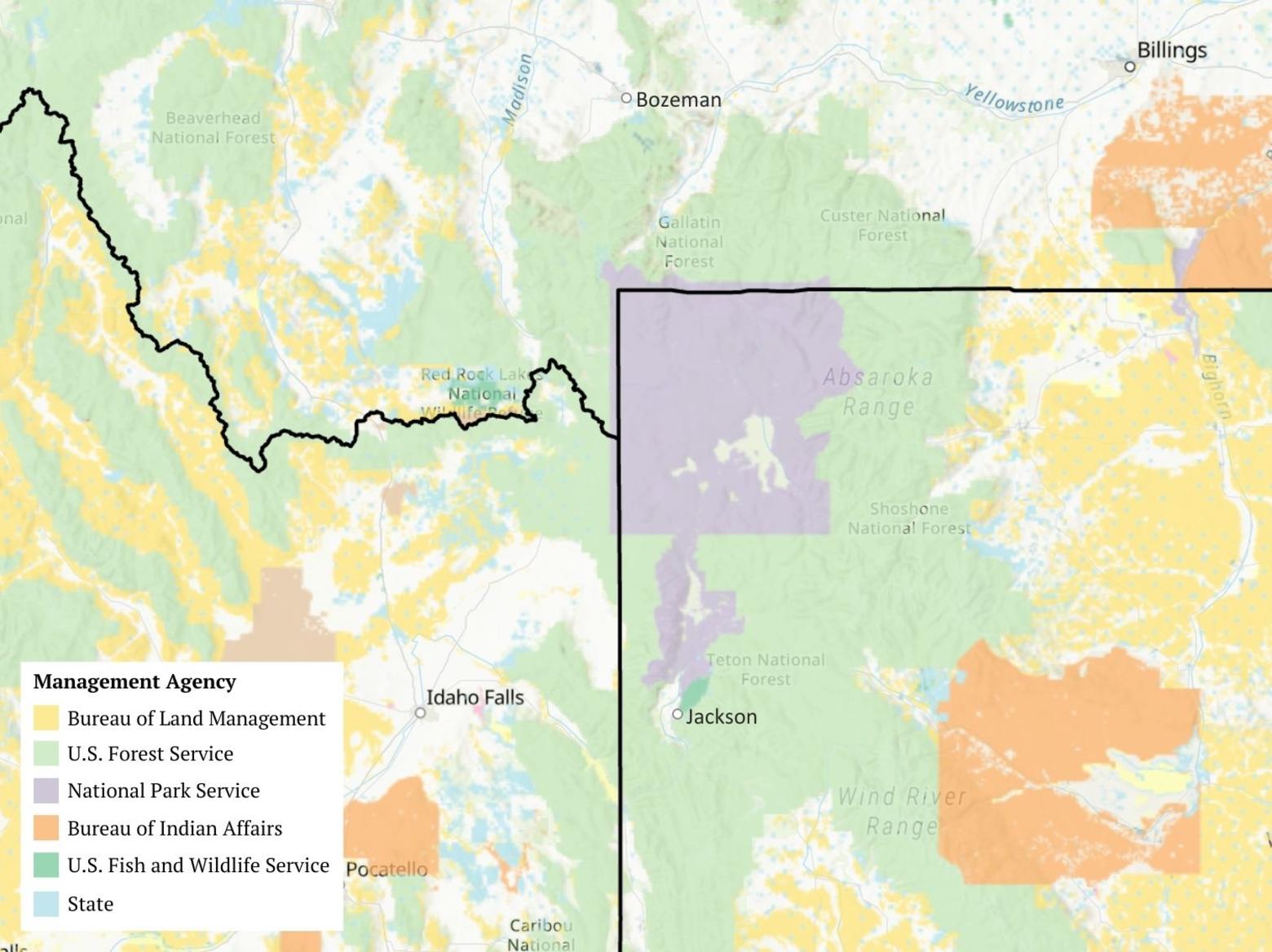 The Bureau of Land Management administers 245 million acres of public lands in the U.S. The map above shows a breakdown of public land managers in Greater Yellowstone. Map courtesy BLM