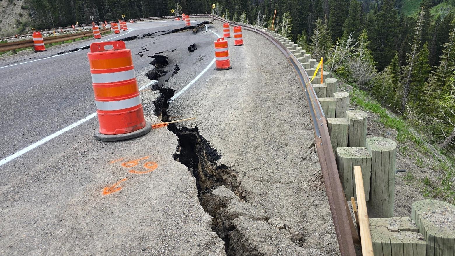Before the highway collapsed, a gaping crack formed in the asphalt. Photo courtesy Wyoming Department of Transportation. 