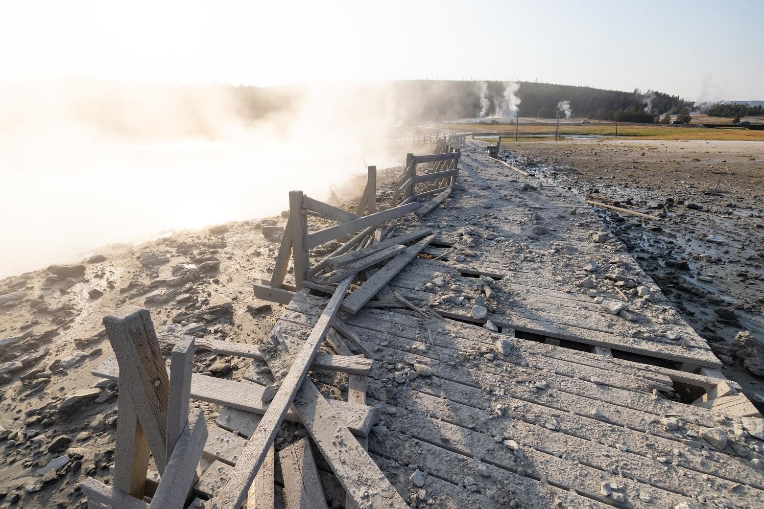 The boardwalk at Biscuit basin was "destroyed" following the explosion, which sent debris hundreds of feet in the air on July 23. No injuries were reported. Photo by Jacob W. Frank/NPS