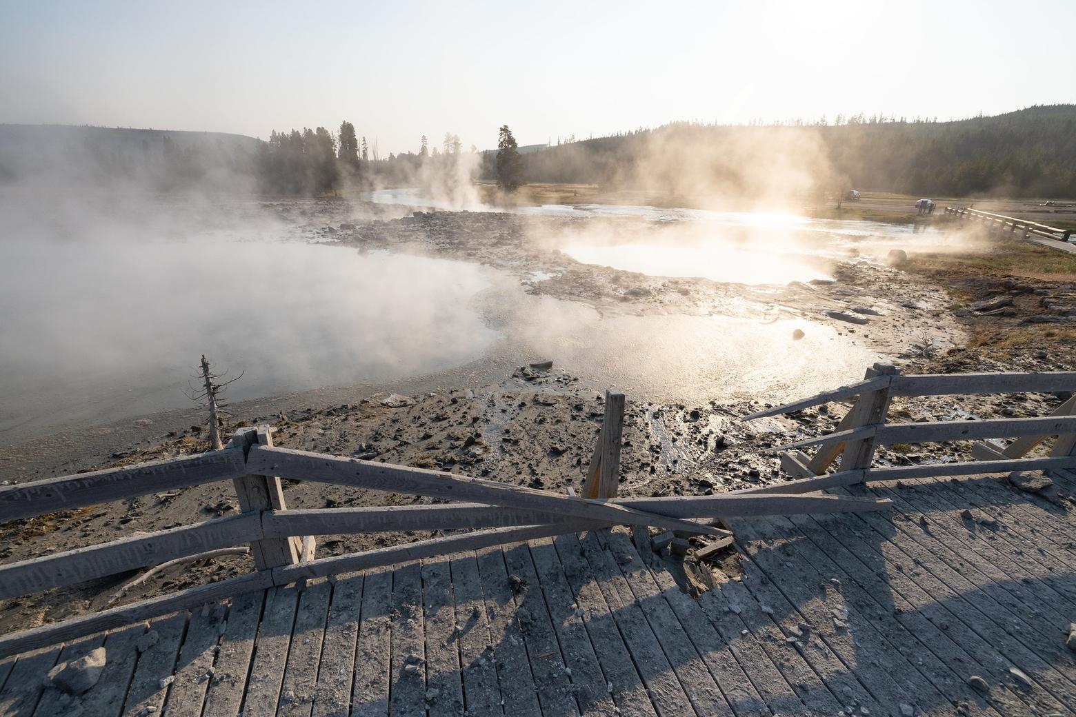 Similar, although smaller, hydrothermal explosions took place in 1989 at Porkchop Geyser in Norris Geyser Basin, and on April 15, 2024, from the Porcelain Terrace Area of Norris Geyser Basin. A small hydrothermal explosion occurred from Wall Pool, in Biscuit Basin, in 2009.  Photo by Jacob W. Frank/NPS