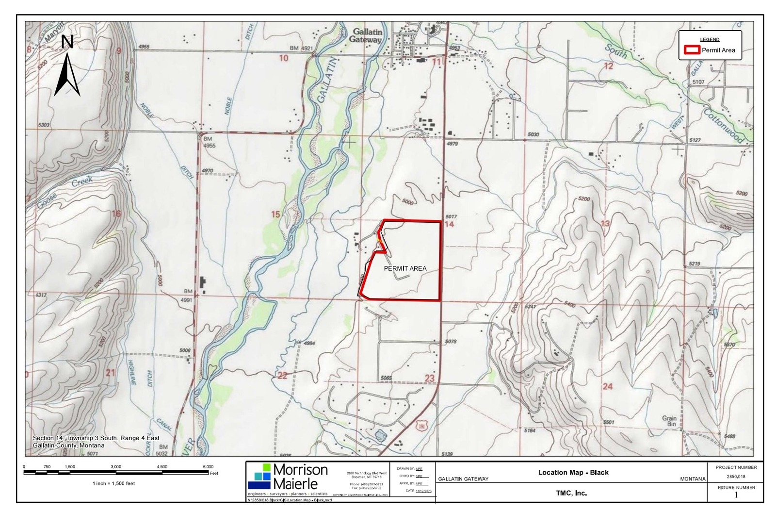 The site of the Black Pit at the mouth of the Gallatin Canyon along Highway 191 south of Gallatin Gateway. Map courtesy Morrison Maierle