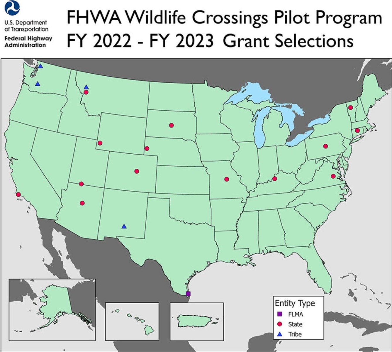 In December 2023, FHWA announced $110 million in grants for 19 wildlife crossing projects in 17 states, including four Indian tribes. Map courtesy U.S. DOT