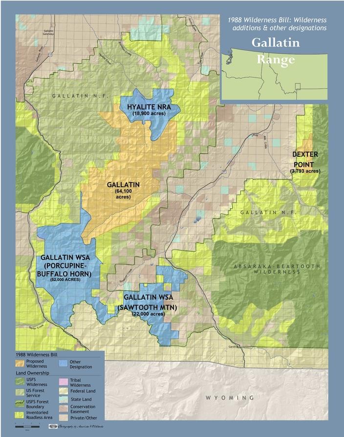 Had it passed in 1988, the Montana Natural Resource Protection and Utilization Act would have designated 64,100 acres of the Gallatin Range as Wilderness. The recently proposed Greater Yellowstone Conservation and Recreation Act calls for 102,000 acres of Wilderness in the Gallatins and an additional 22,000 acres in the Madison Range. Map courtesy The Wilderness Society