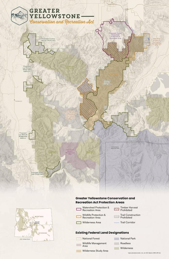 The Greater Yellowstone Conservation and Recreation Act calls for a spectrum of management designations across the Madison and Gallatin Ranges, including WIlderness, Wildlife and Recreation Management Areas and a Watershed Protection and Recreation Area. While the proposal would add 124,000 acres of Wilderness, opponents suggest that total is inadequate considering the more than 230,000 acres of eligible lands across the region. Map courtesy Greater Yellowstone Coalition