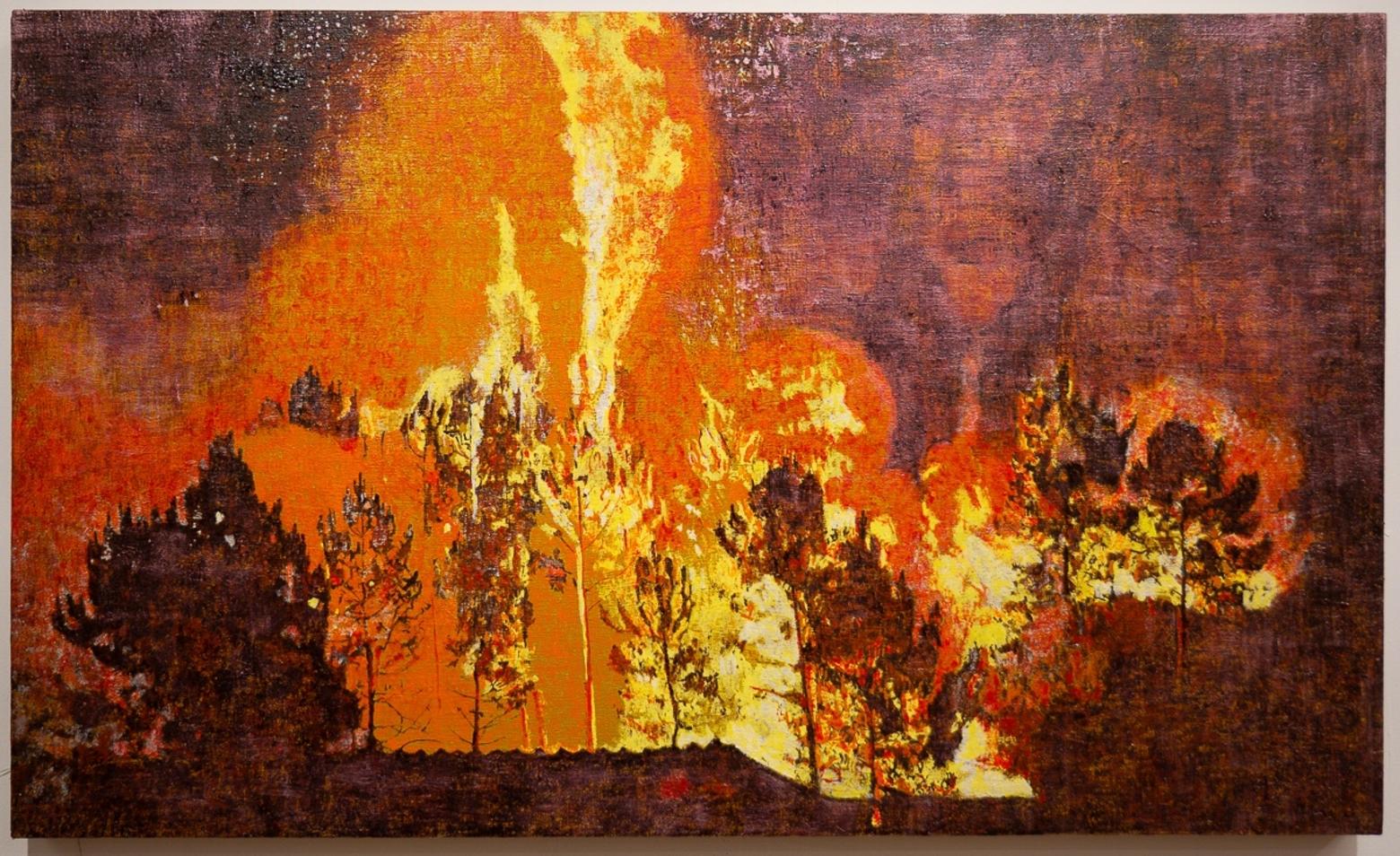 Greg Lindquist, Crown Fire at Night, Braga, Portugal (flame thrower, canopies of convection), 2024, oil, metallic, iridescent and interference pigments, 47 7/8 and 27 5/8 inches. Image courtesy of the artist and The Landing Gallery, Los Angeles.