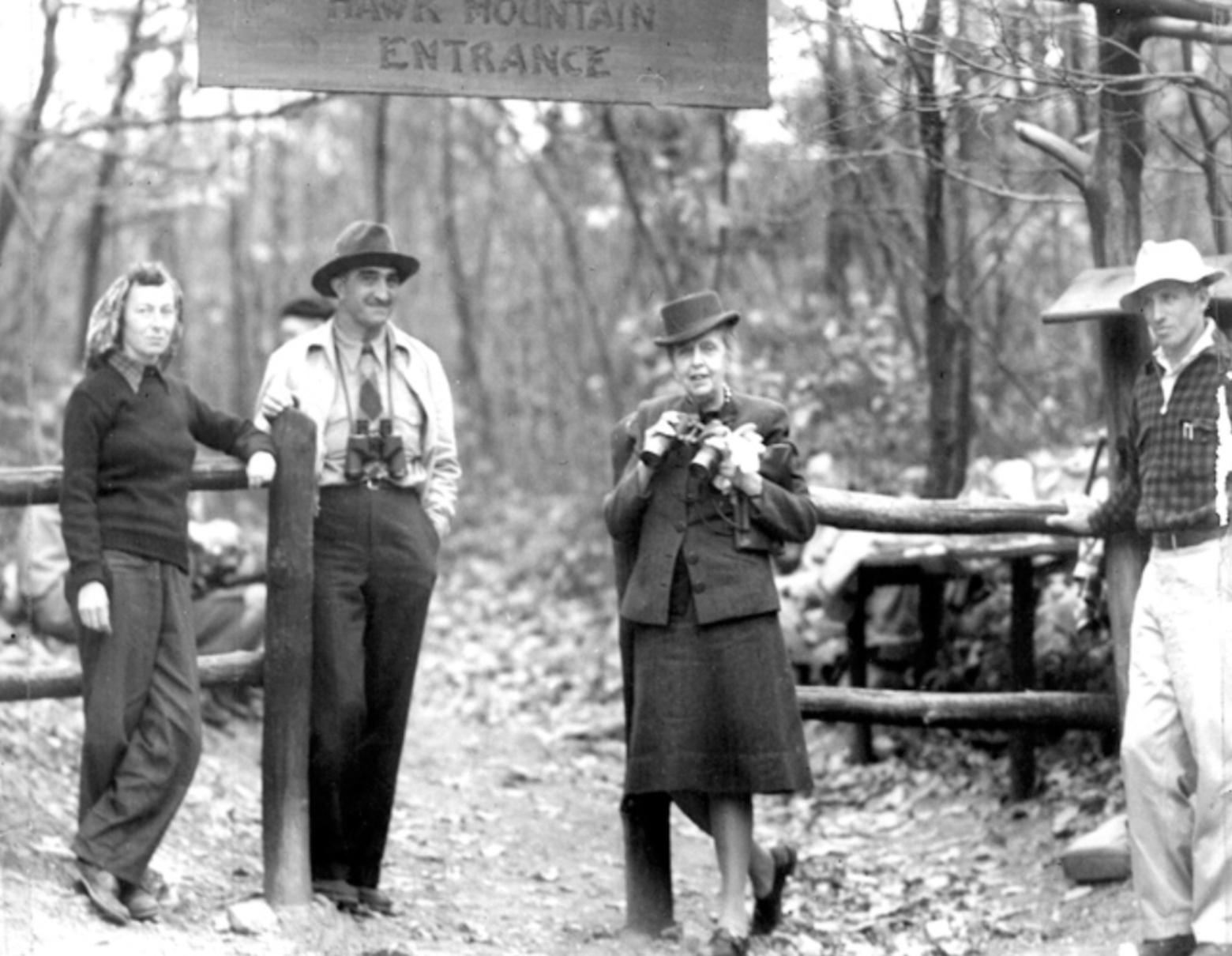 In a 1948 profile, The New Yorker called Rosalie Edge “the only honest, unselfish, indomitable hellcat in the history of conservation.” Here, Edge poses with guests at the Hawk Mountain Sanctuary in Pennsylvania.