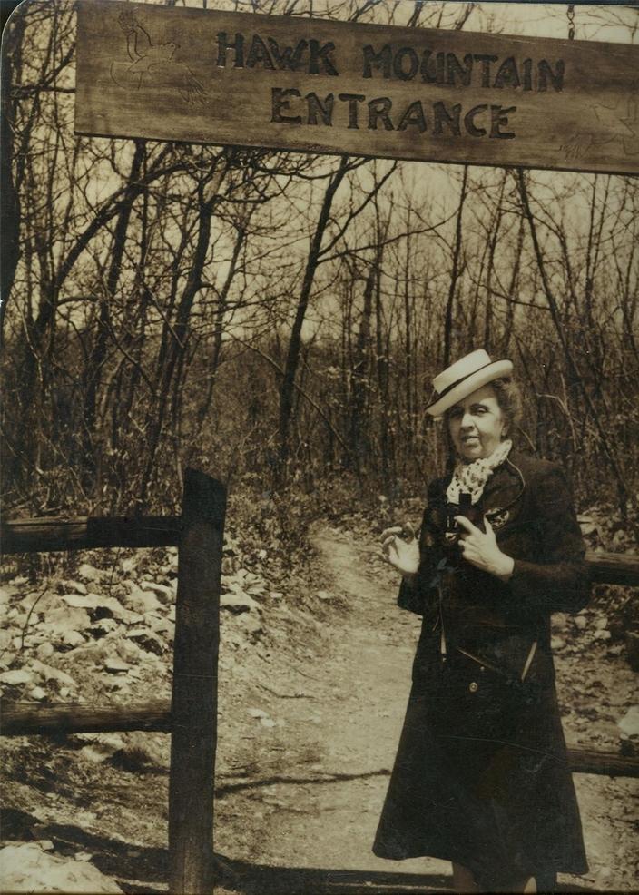 At the edge: Rosalie Edge at the entrance to her Hawk Mountain Sanctuary. Photo courtesy Hawk Mountain