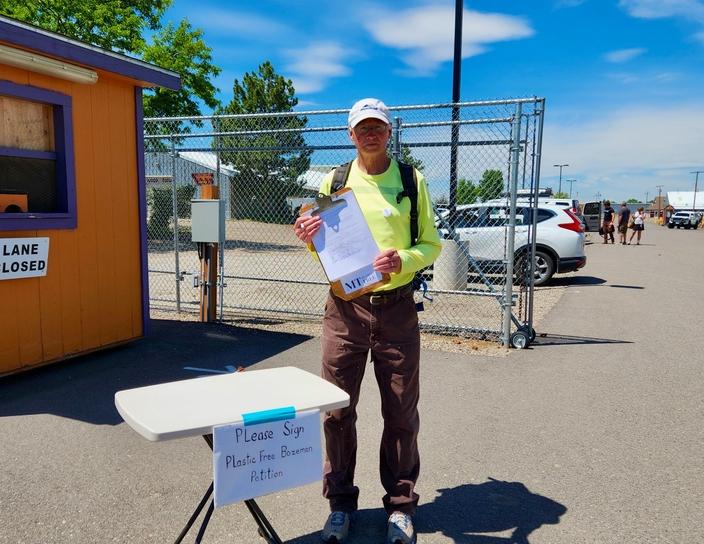 Dan Carty, a co-collector for the Montana Plastic Free initiative, collects signatures at the Bozeman Farmers Market. Photo courtesy Montana Plastic Free