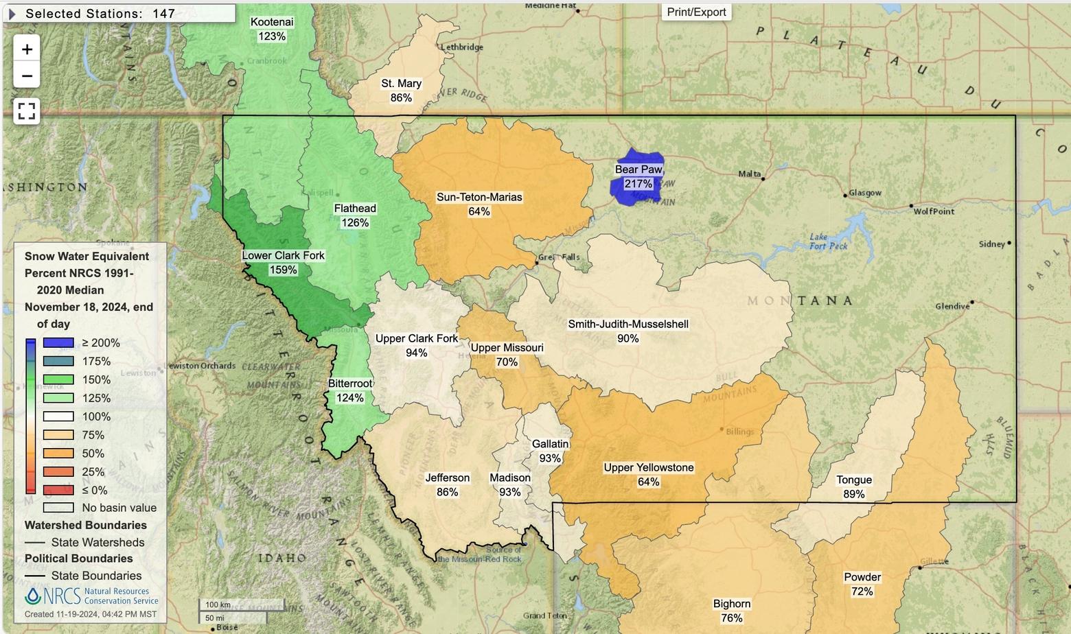 An NRCS map shows the different water basins across Montana and how their current snowpack levels compare to the 30-year median. Percentages above 100% reflect a heavier snow year, and percentages below 100% show a drier year. Map courtesy NRCS