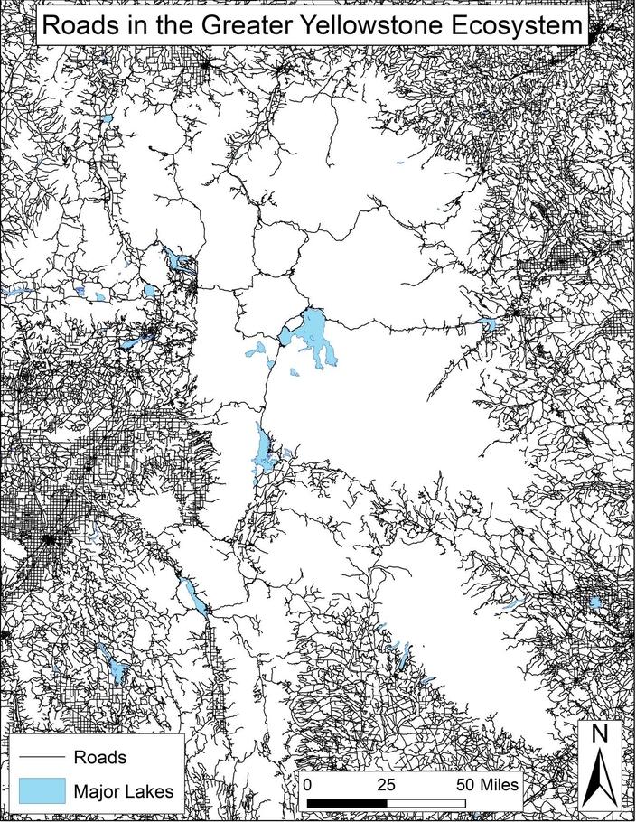 Map of roads in the Greater Yellowstone Ecosystem. Courtesy USGS/Yellowstone Spatial Analysis Center