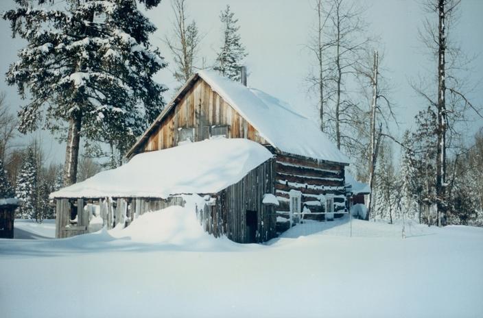 The author's 1909 homestead cabin at the Moose City recreation area near the North Fork of the Flathead River in northwest Montana, midwinter. Photo by Diane K. Boyd