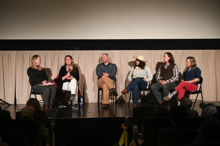 Tomov, far left, moderates a panel discussion following a screening of Upper Yellowstone River at Missoula's Roxy Theater in mid-November. Photo courtesy Lara Tomov