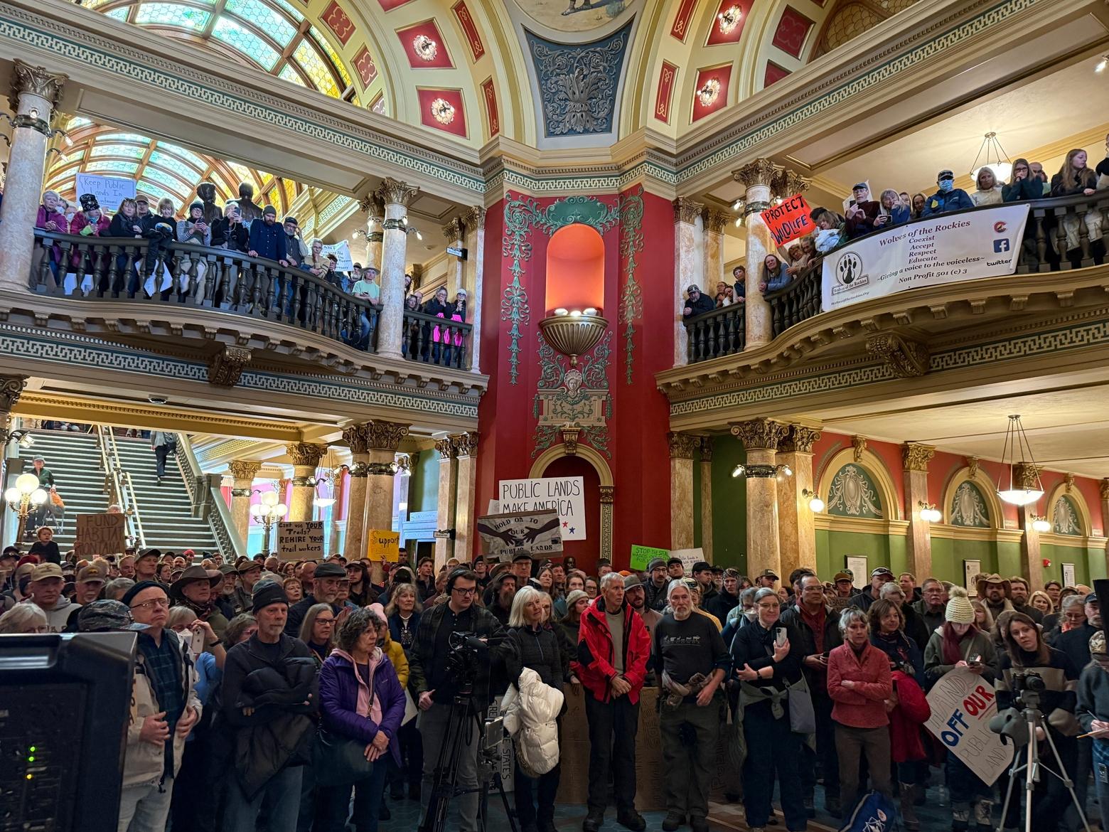 Hundreds of public lands advocates gathered for the public lands rally in the Capitol on February 19, 2025. Speakers at the rally addressed both national and state policies surrounding public land management and access. Photo by Amanda Eggert/MTFP