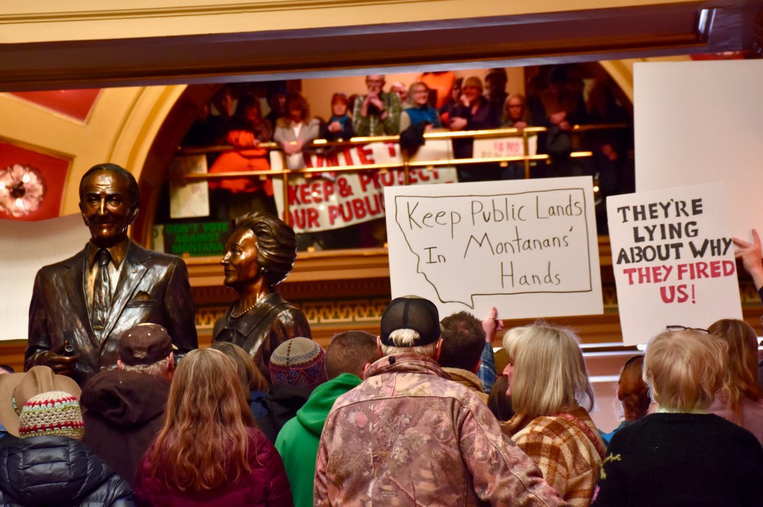 At the Rally for Public Lands on Feb. 19, hundreds packed the Capitol rotunda in Helena, Montana. Recent job cuts at the Forest Service and other federal agencies garnered the attention of speakers and attendees alike. Photo by Amanda Eggert/MTFP