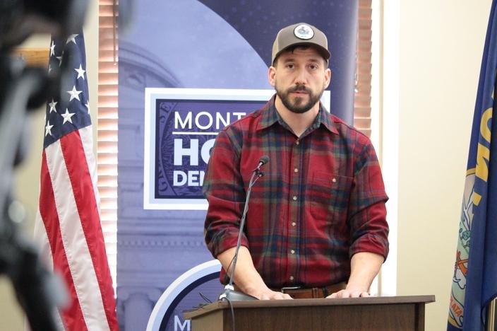 Former U.S. Forest Service employee Michael Maierhofer speaks at a Feb. 17, 2025 press conference organized by legislative Democrats. Photo by Eric Dietrich/MTFP