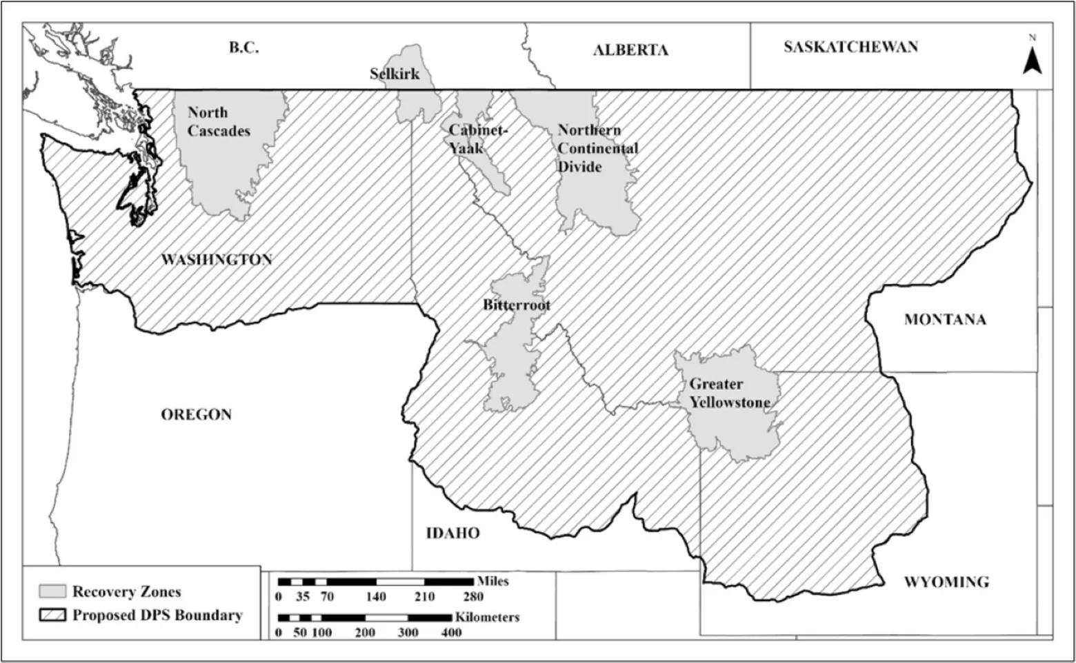 The map above shows the current grizzly bear recovery and the proposed distinct population segment (DPS) boundary. Map courtesy FWS