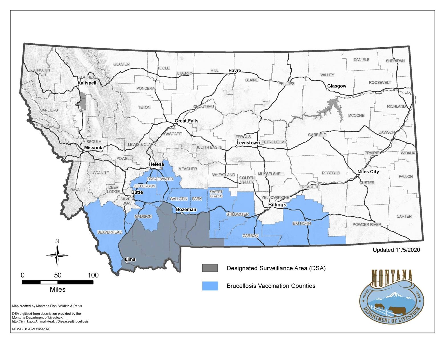 FWP's Targeted Elk Brucellosis Surveillance Project focuses on Montana's designated surveillance area — the region identified as having elk exposed to brucellosis. Map courtesy FWP