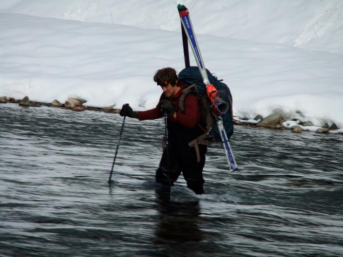 Mike Schadell fords the North Fork of the Flathead River, January 27, 2010.