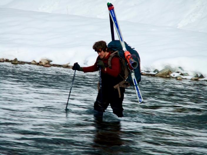 Mike Schaedel fords the North Fork of the Flathead River, January 27, 2010.