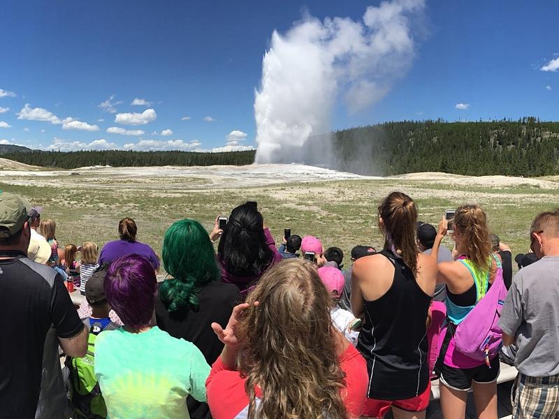 Crowds train eyes and iPhones on Old Faithful in Yellowstone National Park